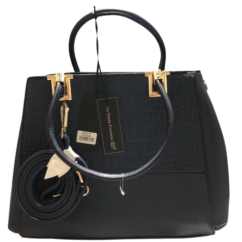 LA‎ TERRE FASHION N.W.T. RARE Croc-Accent Satchel Handbag.Navy Blue/Gold Leather